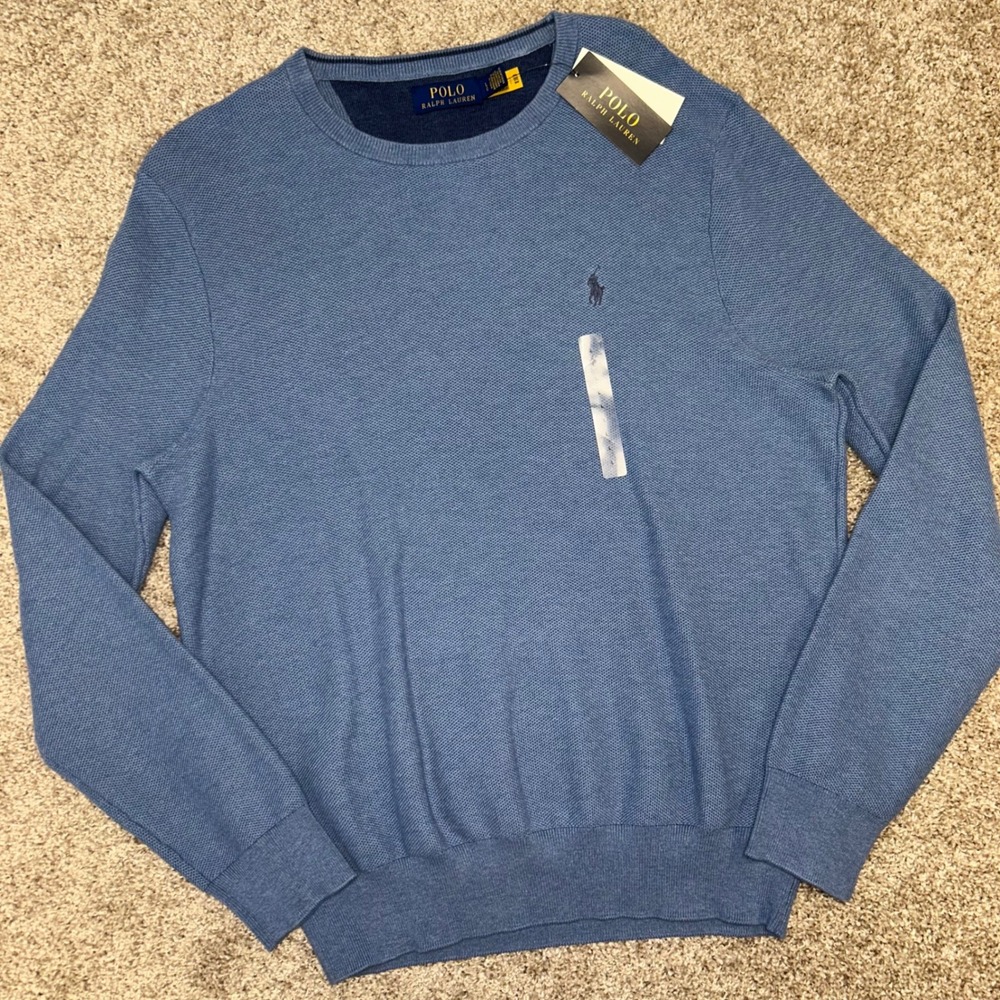 NWT Polo Ralph Lauren Textured Cotton Long Sleeve Pullover Men LARGE Blue Htr